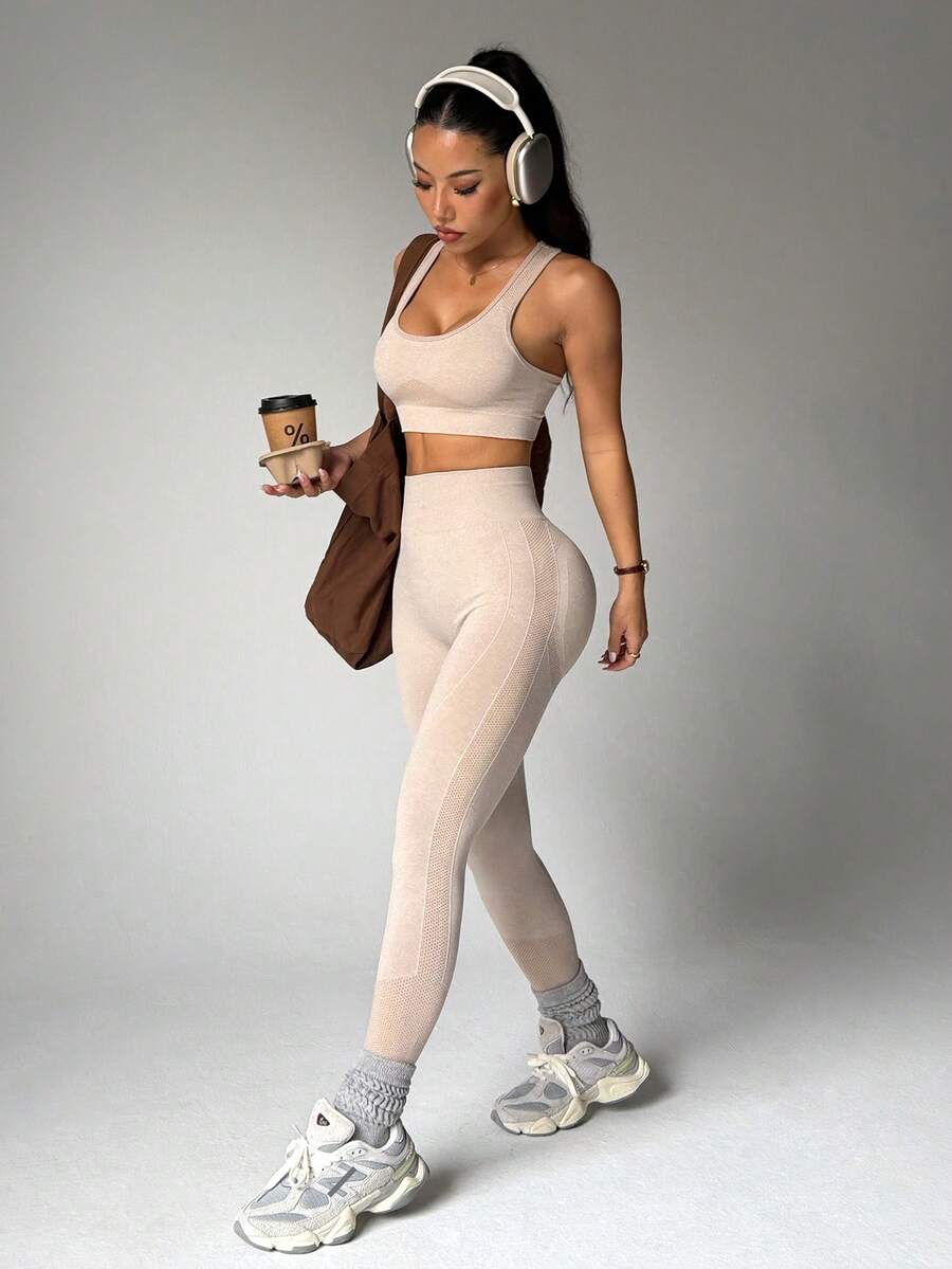 无缝瑜伽基本款运动背心和紧身裤 - 香檳色 - 查看 1