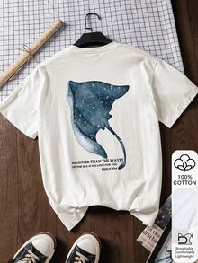 Women's 100% Cotton Short Sleeve T-Shirt With Manta Ray Print, Summer - White - View 1