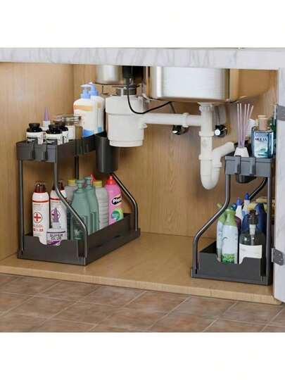 Aoshet 2 Tier Under Sink Storage Organizer, Kitchen Organization And Storage,Plastic Sliding Drawer, Multi-Purpose Rack For Bathroom & Kitchen, Black/White Cabinet Organizer