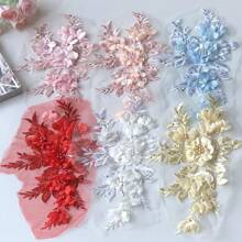 4/2pcs 3D Floral Lace Embroidered Appliques, Polyester With Shiny Sequins And Beads, Pink And White Flower Design, Suitable For Crafts, Wedding Bridal Decor, Home Decor, Art Supplies, Weaving, Embroidery Patches