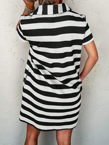 2-Color Striped V-Neck Short Sleeve Casual Vacation Dress With Pockets - Black - View 4