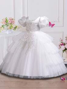 Vestido formal de media longitud para niños, vestido de boda de verano con mangas abullonadas para niñas, vestido de baile de princesa con bordado de lentejuelas y tul brillante, adecuado para actuaciones y como anfitrionas - Blanco - Ver 2