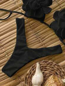 Polovedo 官方新款春夏性感休闲优雅黑色纯色花卉女士沙滩度假约会比基尼泳衣 - 黑色 - 查看 2