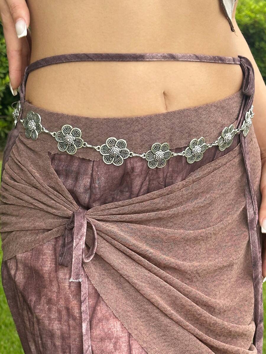 1 件波西米亚复古镂空金属花朵腰链，女士时尚身体珠宝链带，适合春、夏、秋、冬日常、派对、约会的配饰 - 銀色 - 查看 1