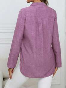 女士经典纯色单排扣休闲衬衫，时尚宽松长袖衬衫，适合春夏季