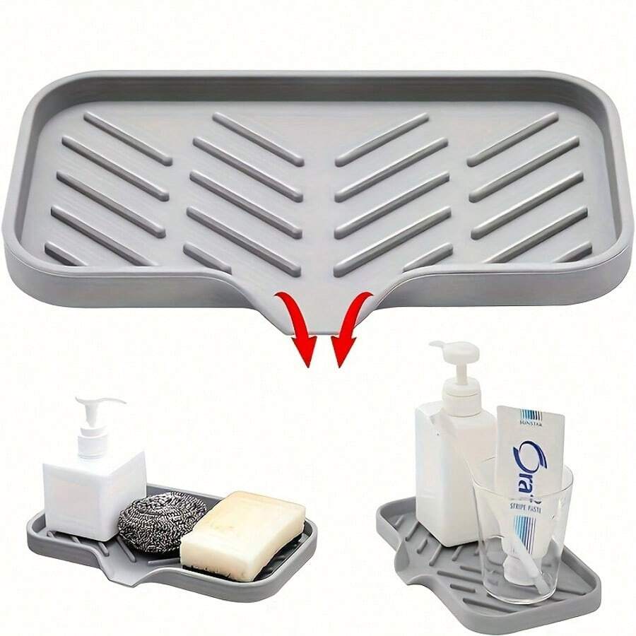 2 Multifunctional Kitchen, Bathroom, And Home Helpers, Drainage Mat, Faucet Splash Proof Silicone Mat, Sink Collection Mat, Household Non Slip Countertop Mat, Suitable For Kitchen And Dining Rooms, Household Items - Grey - View 1