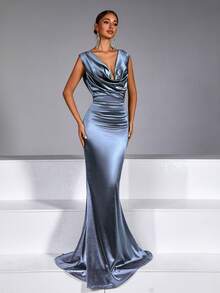 1pc Solid Color Elegant Backless Bodycon Dress With Side Zipper, Suitable For Valentine's Day Party - Dusty Blue - View 6