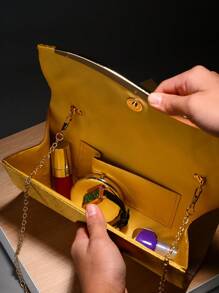 1 bolsa elegante com borda de metal, bolsa de noite feminina estilo coreano com textura de cetim e fecho magnético, bolsa de ombro e clutch, bolsa de festa
