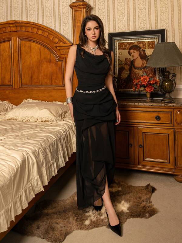 Faeriesty Vestido de verano elegante de gasa con bajo asimétrico translúcido - Silueta sensual y capas modernas para noches de cita, escapadas a la playa y salidas urbanas con estilo