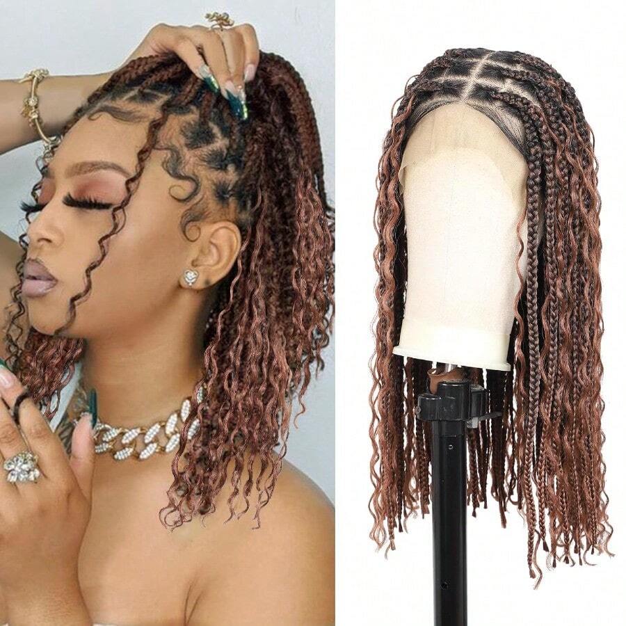 18 Short Boho Braided Wigs For Women 13x8 Inch Hd Lace Front Box Braid Wig Bob Knotless Braided Wigs With Curly End Braided Lace Front Wig Premium Synthetic Natural Brown - Brown-Boho-18" - View 1
