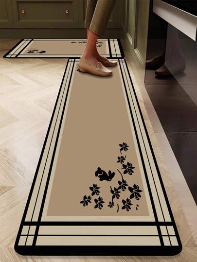 1 Pc Diatomaceous Earth Kitchen Mat, Khaki Background With Black Patterned Design, Simple Luxury Style, Cushioned Anti-Fatigue Kitchen Carpet, Water Absorbent And Easy To Clean, 3mm Thick, Can Be Trimmed To Any Size, Durable Silicone Rubber Mat For Kitchen, Bathroom, Laundry Room And Entryway
