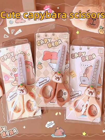 1pc/2pcs Cute Capybara Plastic Scissors, Random Color, Stationery Desk Set, Round Tip Small Knife, Stainless Steel Small Scissors, DIY Decorative Scissors, Smooth Cutting, Fun And Vibrant Colors, Practical Reward Gift Stationery, Office, Home, School Companion, Suitable For Office And School Use