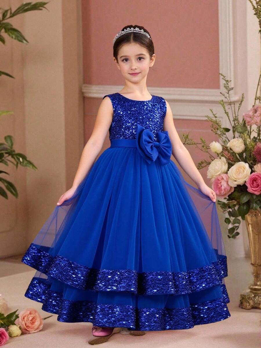 Tween Girls Sequin Mesh Flower Girl Wedding Dress Long Gown, Suitable For Birthday Party, Banquet, Does Not Include Headband - Royal Blue - View 1