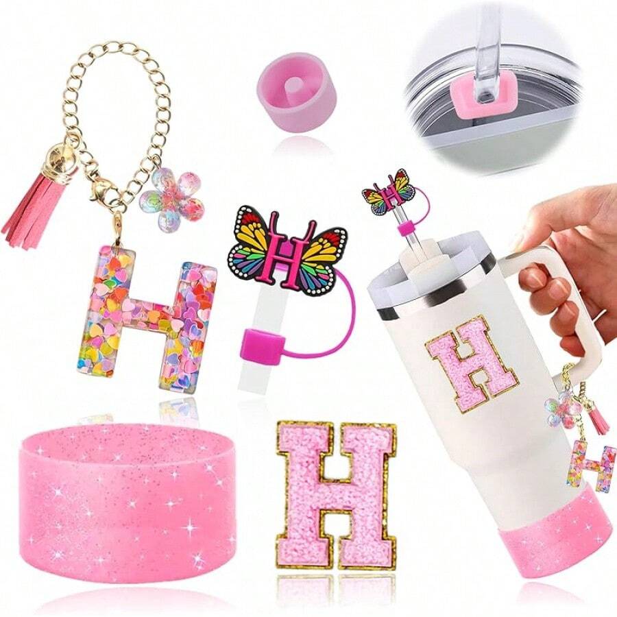 Set de 6 accesorios para taza de 30oz y 40oz, compatible con los encantos de letras para asa de taza , con funda de silicona, tapa de pajita y pegatina (Letra S) - Letra H - Ver 1