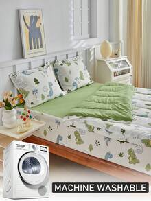 3/4 件恐龙图案印花被子床笠套装，可爱卡通学校床上用品套装，适合男孩和女孩四季使用，柔软透气，可机洗（1 件被子 + 1 件床笠 + 1/2 个枕套） - 彩色 - 查看 6
