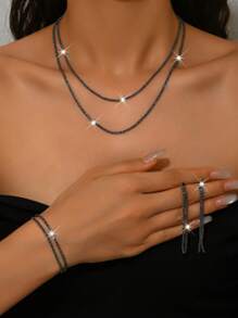 1set Elegant Glitter Collarbrone Necklace, Earrings, And Bracelet Jewelry Set, Suitable For Women To Wear In Daily Life, Wedding, Banquet And Party