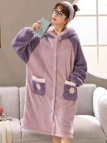 Bata de Invierno Mujer con Capucha de Pelo Coral - Diseño Animal Peludoso, Ultra Caliente y Transpirable para Fiesta de Pijamas - Morado - Ver 5