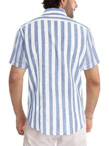 Men's Casual Stylish Short Sleeve Button-Up Striped Dress Shirts Cotton Beach Shirt-20256688 - 深藍色 - 查看 5