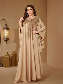 SUPGIR Plus 女士圆领长袖亮片拼接腰带缎面晚礼服 - 香檳色 - 查看 3