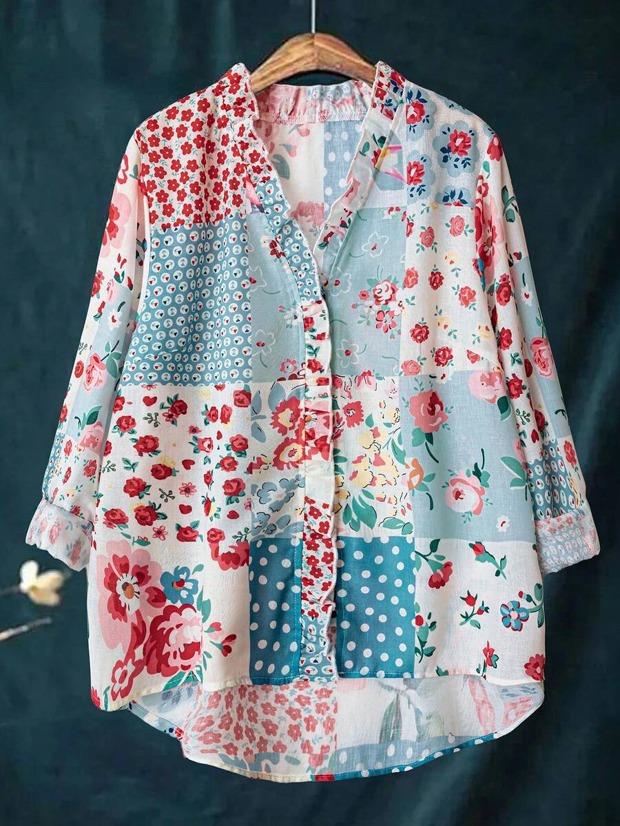 Floral Patchwork Print Casual Blouse For Plus Size Women - Blue - View 1