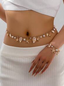 2 Pcs/Set Women Fashion Starfish Seashell Pearl Waist Chain, Bracelet Beach Vacation Bikini Body Accessory, Exaggerated Sexy Waist Decoration Suit With Ocean Elements