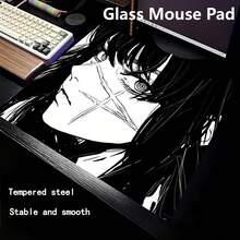 Glass Mouse Pad Black Japanese Anime Cool Hard Mouse Pads For Gaming, Professional Large Mouse Mat 17.72*15.75 Inch, Special Glass Surface With Improved Precision And Speed