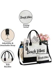 Bolso de mano y bolso, bolso de hombro, impreso con las letras "Beach Vibes", bolso de tarjetas, bolso de tela versátil y portátil para maestros, bolsa de tela para apreciar a los maestros, regalo para mujeres, bolso de almacenamiento casual y portátil, bolsa de compras multifuncional