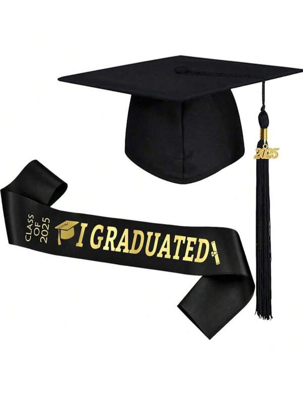 2025 Graduation,"1 Graduated" Stain Sash And Graduation Cap With 2025 Tassel Class Of 2025, One Size Fits Most, Perfect For Graduation Pary Supplies