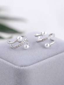 1 Pair Minimalist Fashionable Dual-Layer Zirconia Pearl Clip-On Earrings, Geometric Ear Cuff Non-Pierced High-End Design, Versatile Elegant Style Earrings For Women, Suitable For Everyday Wear, Summer And Beach