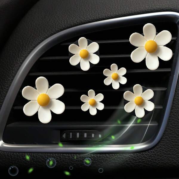 6pcs Yisi Cute White Daisy Car Air Freshener For Women - Colorful Fresh And Simple Flower Decor With Green Glitter, Ideal For Car Air Conditioning And Gifts, Fragrance Tablets, Fragrance Tablets