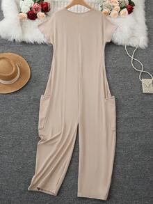Jumpsuit Wanita Warna Polos Leher V Lengan Pendek Model Longgar di Selangkangan, Elegan untuk Musim Panas - Khaki - View 5