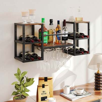 Lifezeal 3-Tier Wall Mounted Wine Rack With Glass Holder Open Shelf Wine Storage Rack Brown