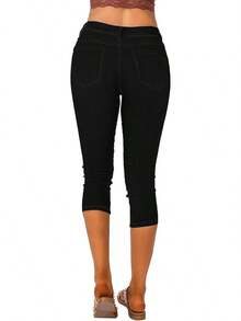 Vetinee High Waisted Skinny Slim Fit Capri Jeanshalloween - 純黑色 - 查看 3