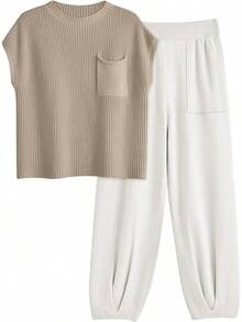 2 Piece Knit Sets Women Sweatsuit Sets - White - View 1