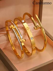 Camhanno 3 件套休闲多色不锈钢手链套装，采用独特的钉子双头锤设计，饰有四叶花元素，非常适合日常佩戴，可作为男女礼物，时尚珠宝 - 彩色 - 查看 3