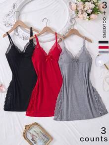 3pcs Solid Color Lace Patchwork Bow Decor Sleeveless Romantic Side Slit Camisole Nightgown - Multicolor - View 2