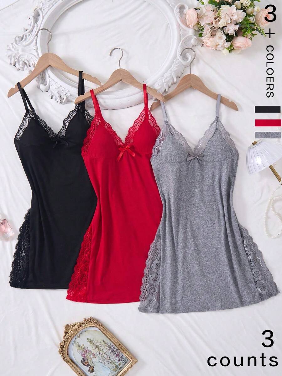 3pcs Solid Color Lace Patchwork Bow Decor Sleeveless Romantic Side Slit Camisole Nightgown