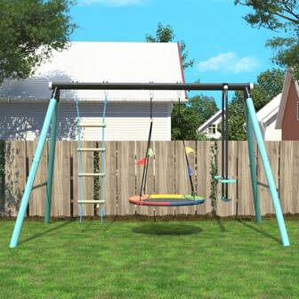 Blue Metal Frame Swing Set With Nest Tree Swing | Height-Adjustable Seesaw & Climbing Ladder | Outdoor Play Equipment For Teens Ages 3+ | Swing & Slide Combination Set