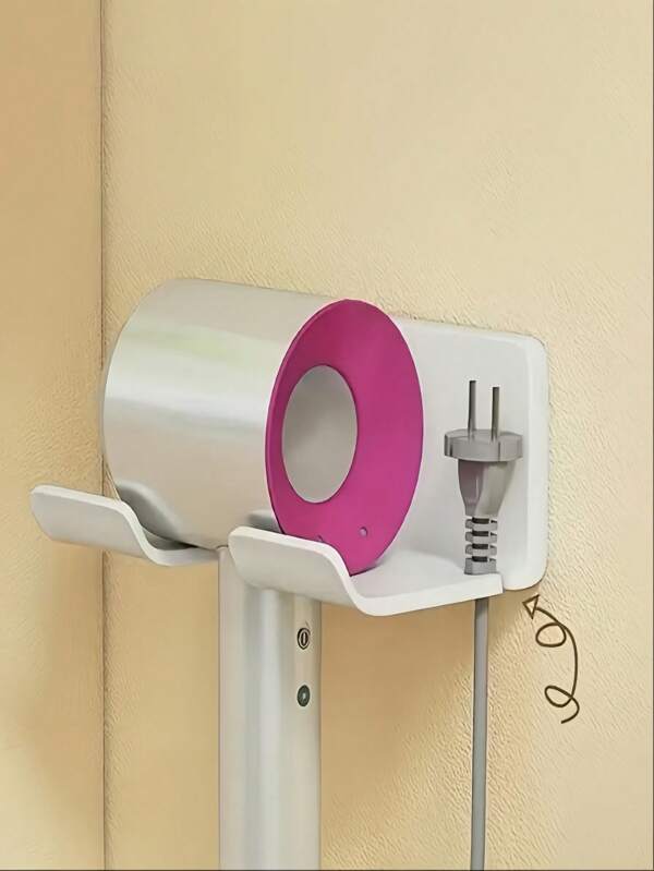1pc Wall-Mounted Hair Dryer Holder, No Drill Installation, Includes Plug Hook And Storage Box, Styling Tool Organizer - No Drill, Multifunctional Bathroom Storage With Hook, Simple White Plastic Design, Convenient For Storage And Access, Bathroom Organization And Storage, Random Color Hook