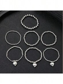 Set de 7 piezas de pulseras con cuentas en forma de corazón, joyería de perlas ABS de moda como regalo para mujeres, para uso diario