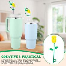 Straw Toppers For  Cup, Cute Straw Cover Cap Compatible With 20 30 40 Oz Tumbler And Water Bottles, 6 8 10mm Straws Accessories, 2Pcs Silicone Rose Flower For Women Girls Friends Gift (Pink)