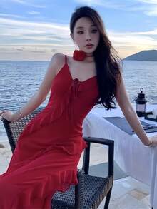 Romantic Date Spaghetti Strap V-Neck Backless Slit Bodycon With Asymmetrical Ruffle Trim Dress For Women Summer Beach Vacation Outfits Evening Party Robe - Red - View 10