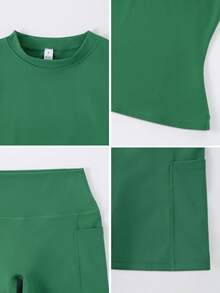 NcmRyu 1套女士无缝弹力短袖短裤运动套装 - 綠色 - 查看 3