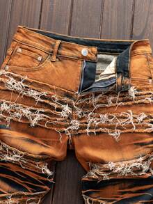 Men's Street Fashion Versatile Casual Embroidered Motorcycle Workwear Straight Jeans - Rust Brown - View 2