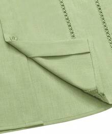 Mens Linen Short Sleeve Shirt Cuban Guayabera Button Down Casual Summer Beach Vacation Wedding Shirthalloween - 草綠色 - 查看 2