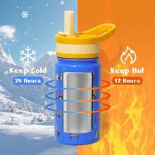 2 Pack Insulated Kids Water Bottle,  14oz Stainless Steel Water Bottles With  Straw Lid, -FREE Lead-Free Double Wall Leak Proof Drink Cups Flask For School (Blue Car +Blue Dinosaur) - Pink Blue - 查看 2