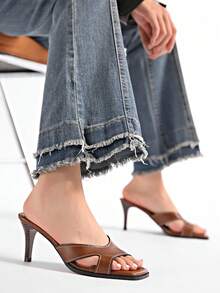 Women's Mule Style Plastic Square Toe High Heel Sandals, New Arrival Summer - Brown - View 8