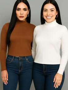 Kit 2 Cacharrel Women's Plush Flannel Blouse High Neck Long Sleeve Thermal Winter None - White and Brown - View 6