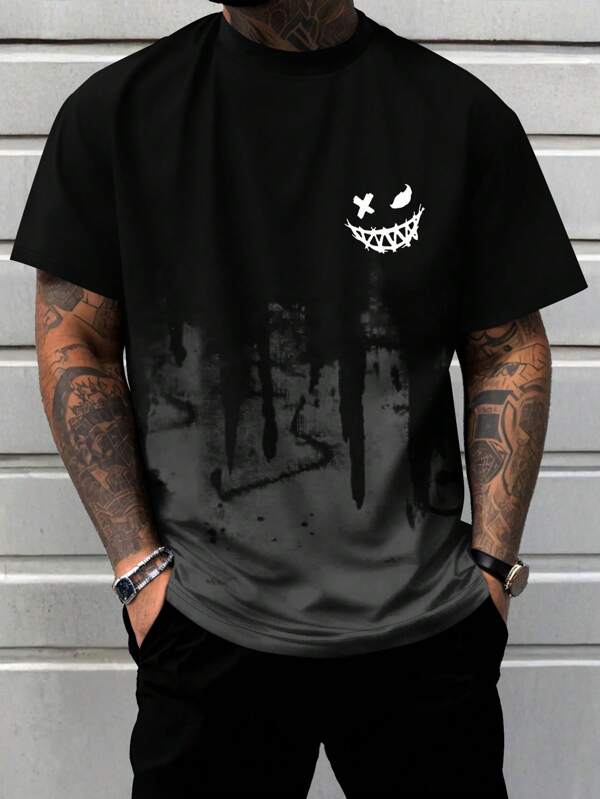 Plus Size Men's Gothic Smiling Face Colorblock Short Sleeve Crew Neck T-Shirt, Summer