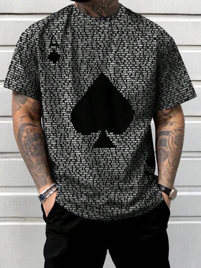 Men's Plus Size Casual Round Neck Short Sleeve Playing Card Print T-Shirt, Summer